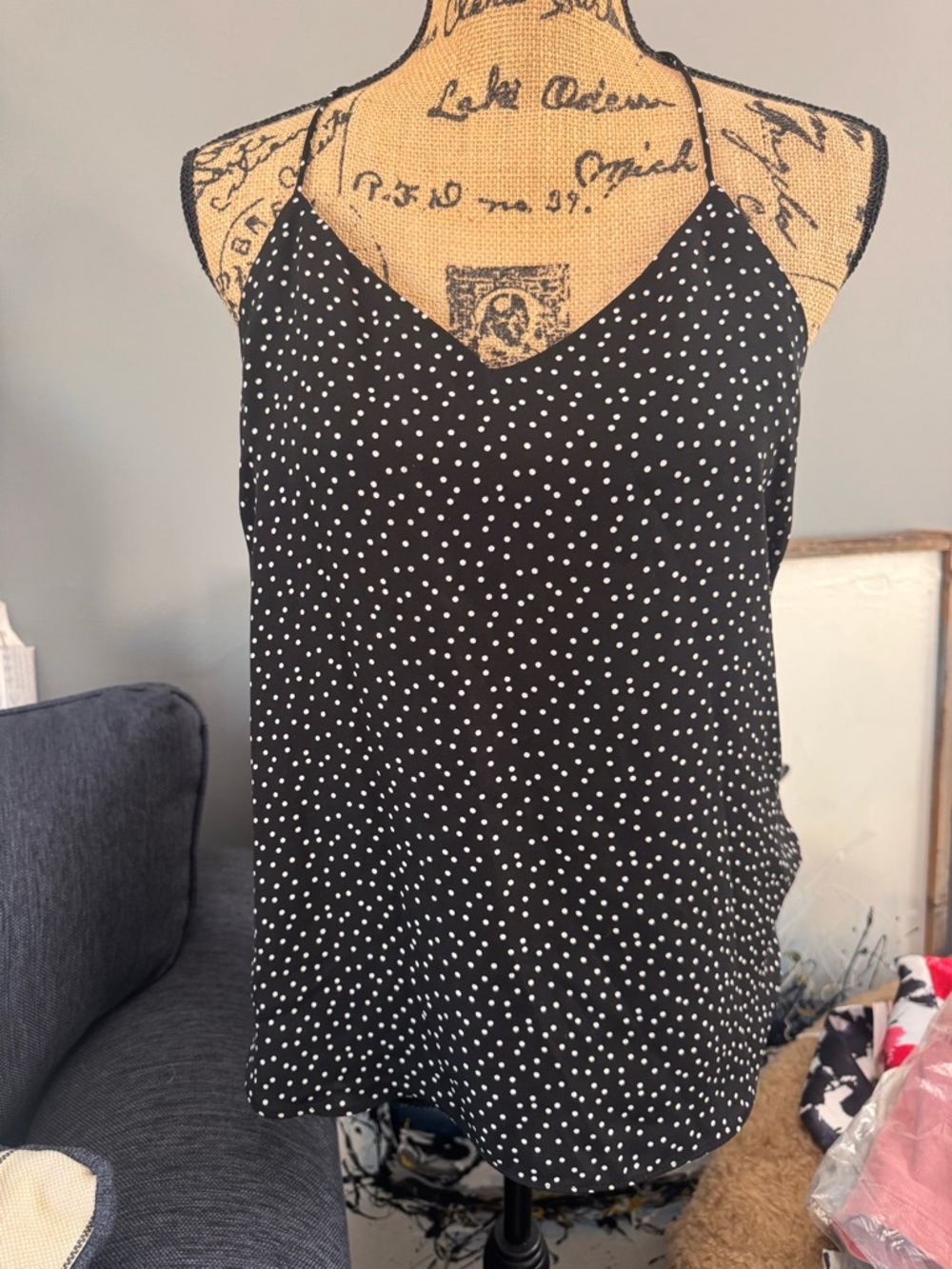 Women's Black Polka Dot V-Neck Cami with Adjustable Straps